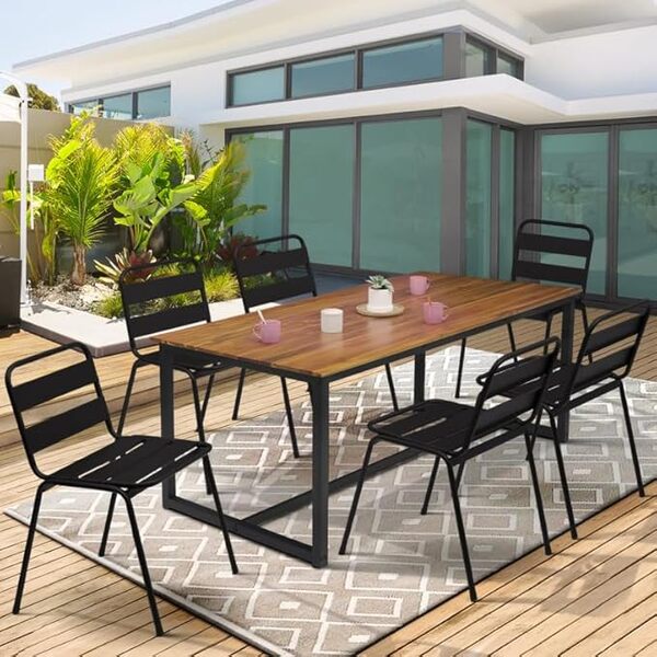 IDMarket - Salon de Jardin Soho Table 150 cm Acier + Acacia et 6 chaises empilables Noires