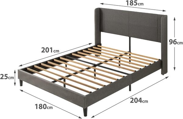 Zinus Sasha Lit 180 x 200 cm - 25 cm de hauter - Lit Super King - Cadre de lit tapissé avec tête de lit à dossier - Gris foncé