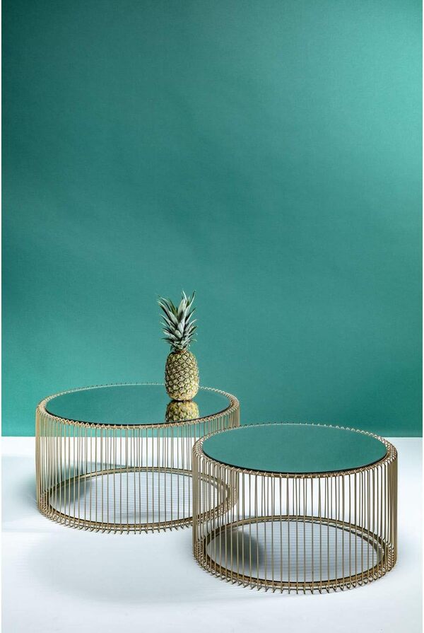 Kare Design Tables Basses Wire, Lot de 2, Laiton/Miroir, Rond, Acier, Plateau de Table en Verre, Diamètre 70/60cm, Style Moderne, Élégante, Table Basse Salon, Deco Intérieur, Décoration Chambre