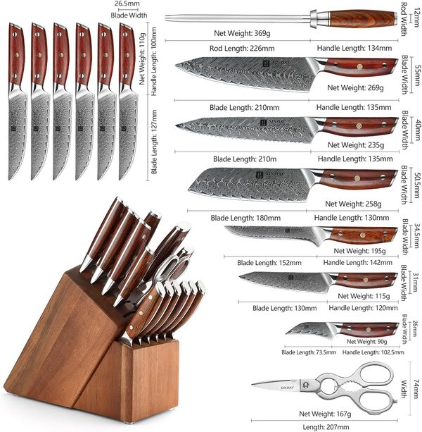 XINZUO Set Couteaux de Cuisine Damas 15 Pièces avec Bloc de Couteaux Bois Acacia, Acier Damas 67 Couches Tranchants Couteau de Chef Set -Ciseaux de Cuisine Multifonctions et Fusil à Aiguiser Acier