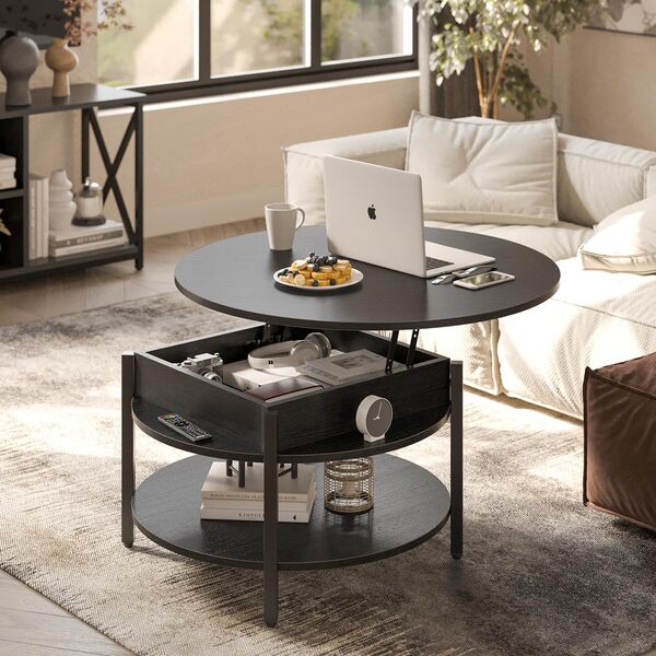 FABATO Table basse ronde à plateau relevable avec rangement et compartiment caché, table basse de style rustique de 68 cm pour salon, salle de réception, petite table basse ronde à 2 niveaux, noir