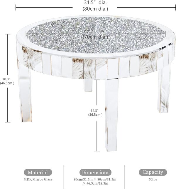 Artloge Table Basse Ronde Verre: Table de Salon en Miroir Argente avec Diamant Bout de Canapé Design Moderne pour Salon Chambre - 80x80x46.5cm
