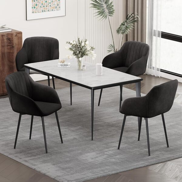 Goeurvant Chaises Velours Noir avec Accoudoirs Lot de 6 Fauteuil Salle à Manger, Chaise de Salon Cuisine Rembourrée Pieds en Métal