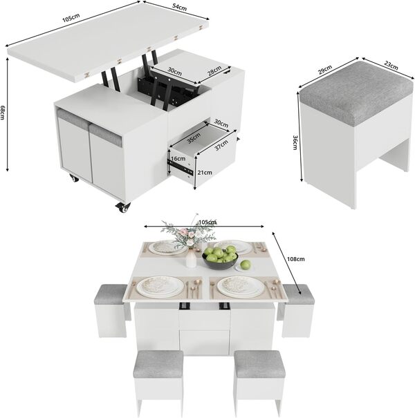 VOWNER Table Basse Relevable, Table de Salon Multifonctionnelle 3 en 1, Table Basse Extensible en Table à Manger de Salon, Table Basse Plateau Relevable, avec Con 4 Tabourets e Rangement Caché, Blanc