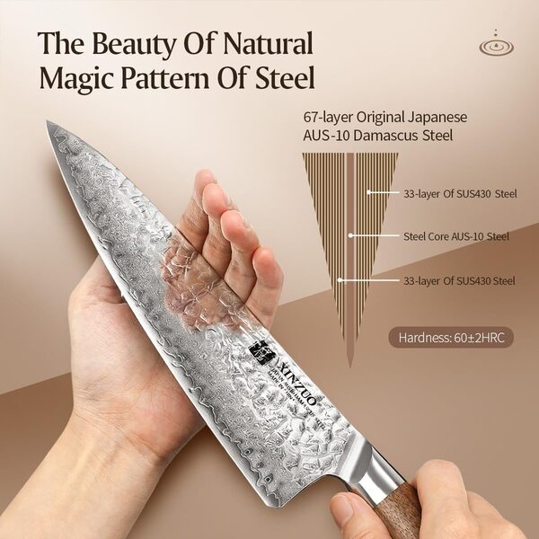 XINZUO 5 Pièces Set Couteaux de Cuisine Damas en Acier AUS-10, Lot de Couteau de Chef Professionnel en Acier Japonais, Couteau de Chef Santoku Pain Universel Fruits -Poignée en Bois de Noyer Noir