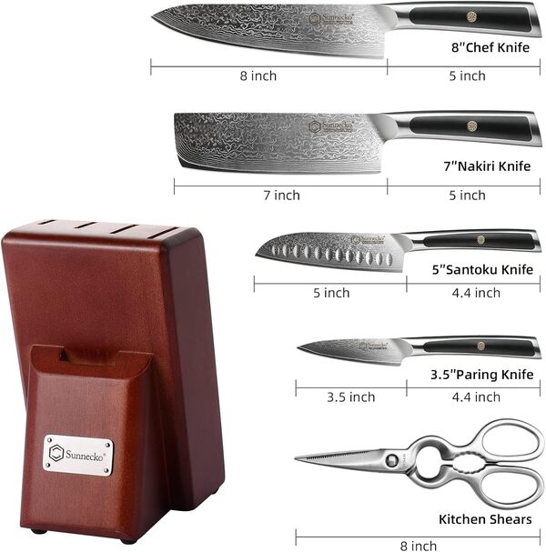 Sunnecko Couteaux de Cuisine en Damas 67 Couches, Set Couteau Cuisine Professionnel 4 Pièces, avec Bloc en Bois Coloris Marron et Ciseaux Cuisine, Couteau Office Japonais Chef