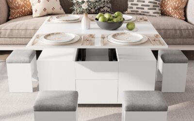 Test de la table basse relevable VOWNER : 3-en-1 multifonctionnel avec tabourets blancs