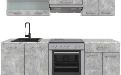 Test du modèle R-Line de Vicco : cuisine béton/blanc, 200 cm, plan de travail marbre
