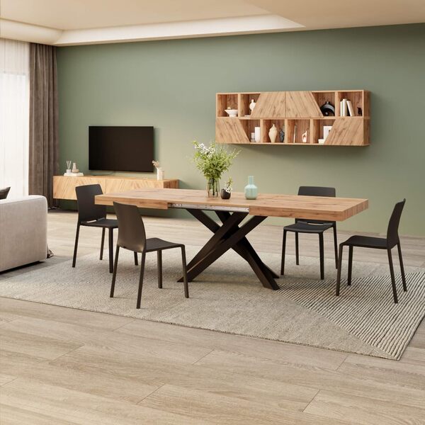 MOBILI FIVER, Table Extensible Emma 160(240) x90 cm, Bois Rustique avec Pieds Croisés Noirs, pour 6-10 Personnes, Table Extensible pour Cuisine, Salon, Made in Italy
