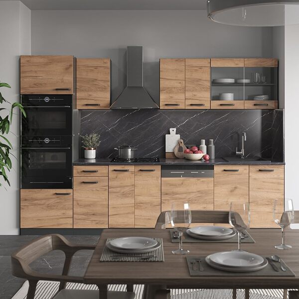 Vicco Cuisine R-Line, Chêne doré/Anthracite, 300 cm avec Armoire Haute, sans Plan de Travail
