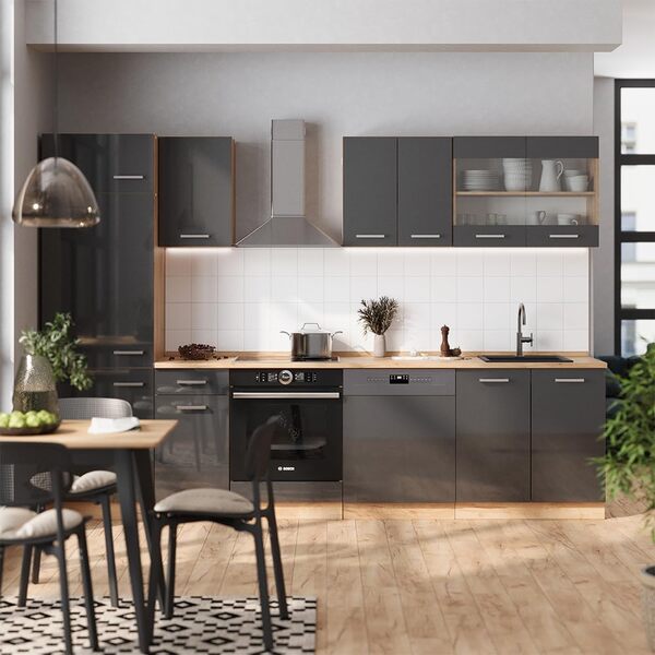 Vicco Cuisine R-Line, Anthracite Brillant/Chêne doré, 300 cm, PT Chêne