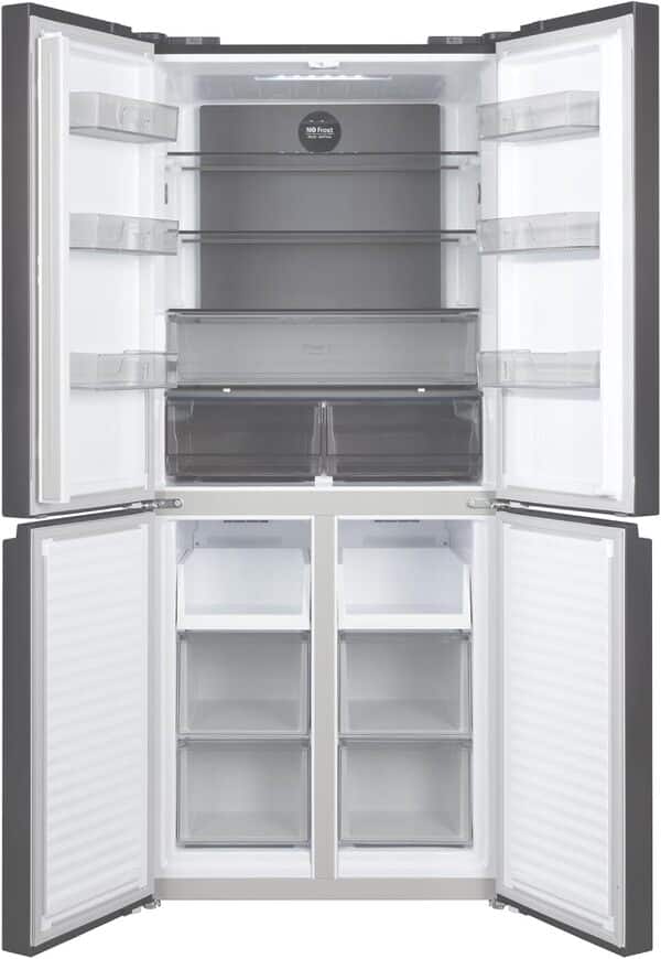 CHIQ Réfrigérateur américain multiportes, Hauteur 182cm, Profondeur 63cm, capacité totale 415L, Température Care+, Contrôle de l'humidité, Compresseur Smart Inverter, Inox foncé, CCD415NEI4E [Classe énergétique E]