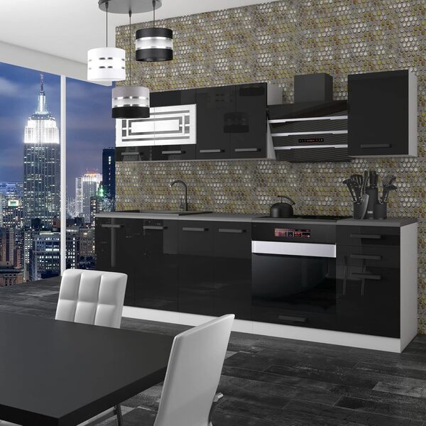 Belini Cuisine Equipee Complete Margaret Muebles de Cuisine Complets - 240 cm. Cuisine Complete avec Plan de Travail, Noir très Brillant