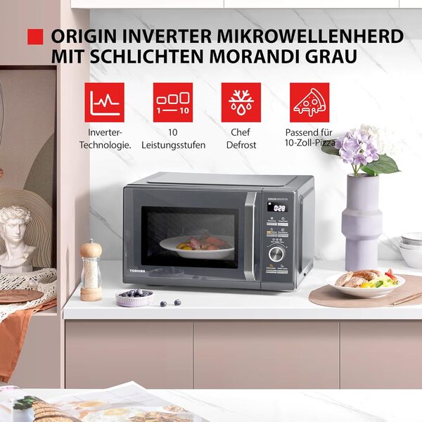 Toshiba MW3-AM25PFI(MG) Micro-ondes solo 25L 900W Micro-ondes en gris Morandi mince. Avec onduleur original, Chef-Defrost, 10 modes, 7 menus automatiques, Easy Clean