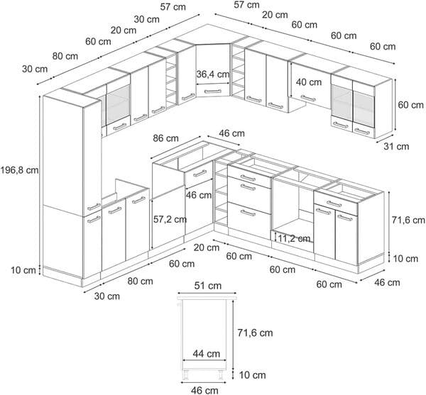 Vicco Cuisine en Angle R-Line, Noir béton/Blanc, 237 x 247 cm sans Plan de Travail