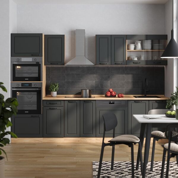 Vicco Cuisine R-Line, Anthracite Campagne/Chêne doré, 300cm avec Armoire Haute, PT Chêne