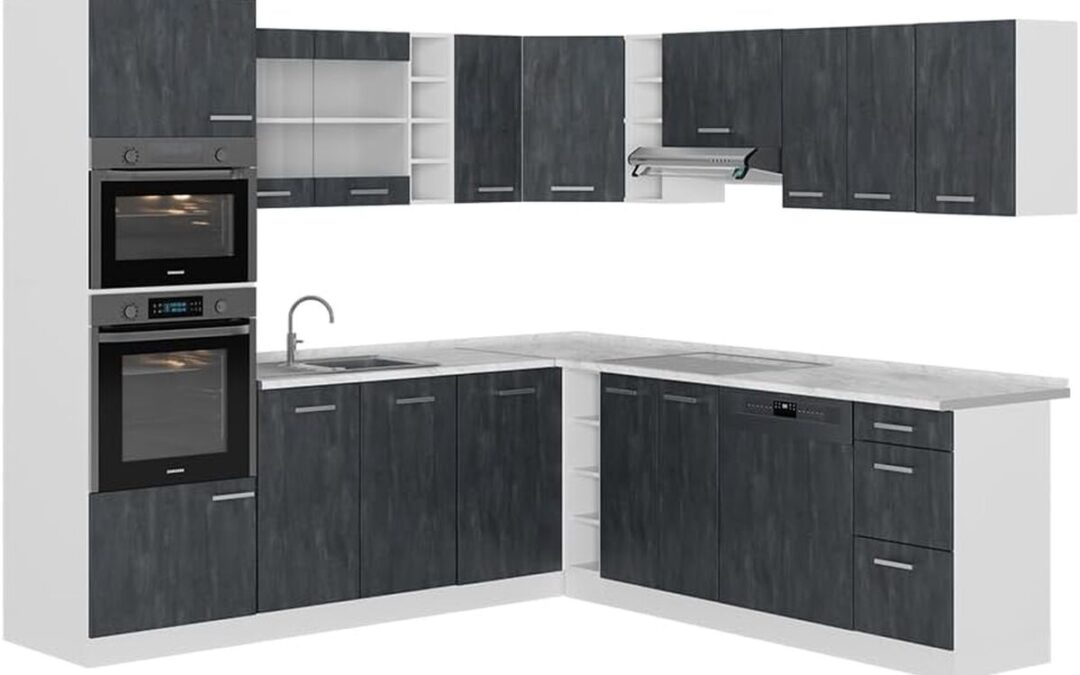 Test de la cuisine en angle Vicco R-Line noir béton/blanc 237 x 247 cm sans plan de travail