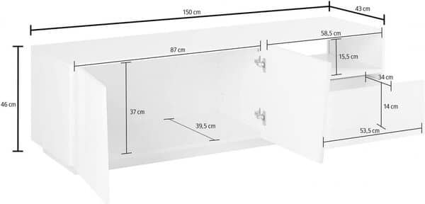 Dmora - Meuble TV Nino, Buffet bas de salon avec 2 portes, Base pour meuble TV, 100% Made in Italy, 150x43h46 cm, Blanc brillant
