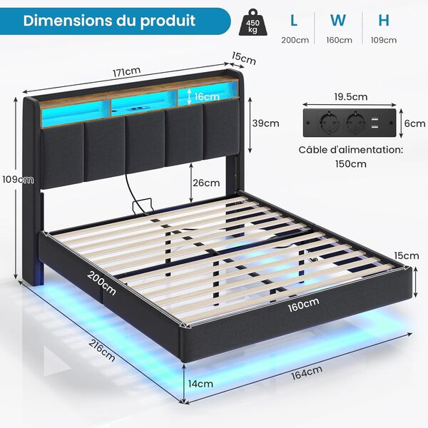 Lit 160x200 avec Sommier, Cadre de lit 160x200cm avec Éclairage LED et 2 Prises CA & 2 Ports USB, Tête de lit Rembourrée avec Rangement, Structure Stable, Effet Flottant, Tissu en Lin, Gris