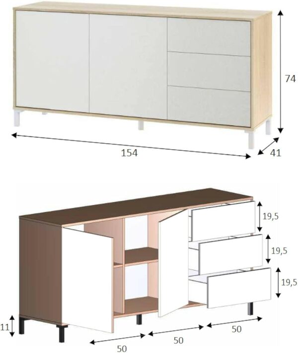 Dmora - Buffet Concord, Salon Buffet, Meuble TV, Armoire de salon, Moderne avec 2 portes et 3 tiroirs, 154x41h74 cm, Chêne et Blanc