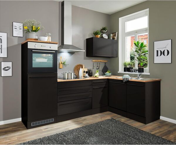 Jazz 6 Cuisine d'angle moderne sans appareils électriques en noir mat, aspect chêne Lanzelot – Kitchenette spacieuse en forme de L avec beaucoup d'espace de rangement – 260 x 200 x 60 cm (l x H x P)