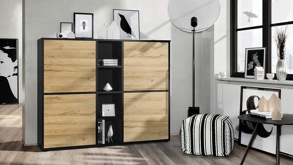 Vladon Highboard Cuba V3, Noir Mat/chêne Nature - Buffet Moderne à 12 Compartiments (130,5 x 105,5 x 35,5 cm)