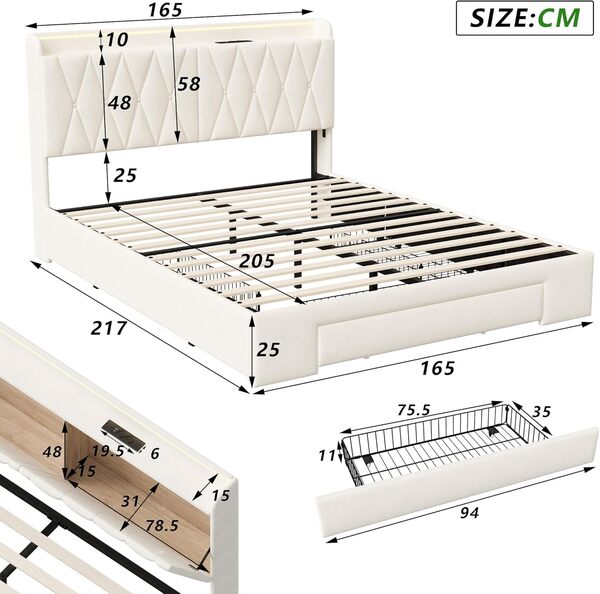 Générique Lit Double 160x200 avec LED et USB,Type-C, Lit Capitonné avec Sommier et 3 Rangement Tiroirs, 2 Personnes pour Adultes, Adolescents, Velours,Beige
