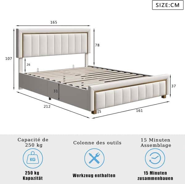 Lit Coffre 160x200 cm avec Sommier,Tête de Lit en Velours Beige avec Bordure Dorée, Lit rembourré avec sommier à Lattes,Lit 2 Personnes, pour Adultes et Adolescents, sans Matelas