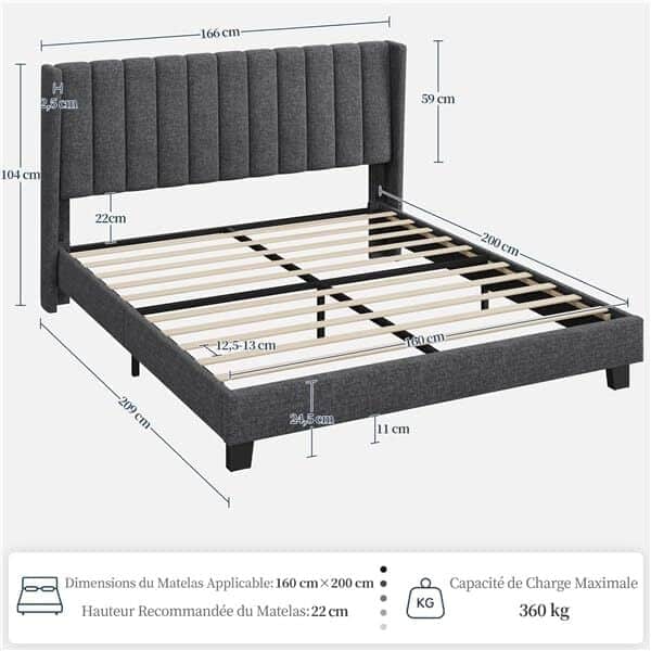 Yaheetech Lit Double Rembourré 160x200 cm avec Sommier à Lattes, Cadre de Lits Moderne pour Adultes 2 Personnes, Tête de Lita à Rayures en Bois et Métal, Gris Foncé