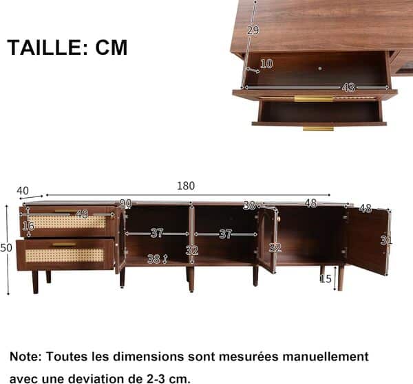 Meuble TV de 180 cm avec 2 tiroirs en rotin, 2 portes en verre bombées et 1 porte en rotin, banc TV avec éclairage LED, meuble TV avec rangement, marron