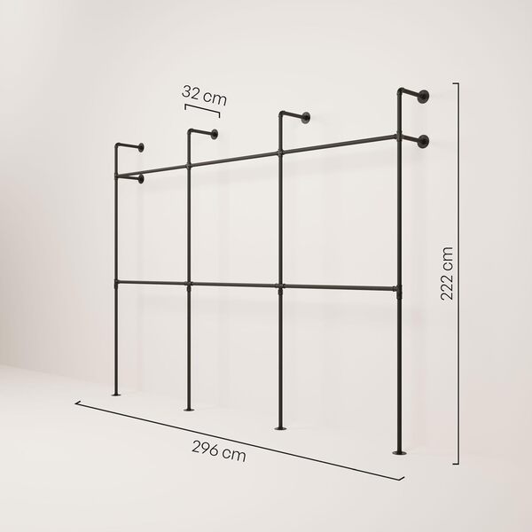 pamo penderie murale industrielle 296x222x32 cm – Charge 460 kg – Métal noir façon tuyau – Pour dressing, couloir, studio ou boutique – Système modulaire conçu en Allemagne