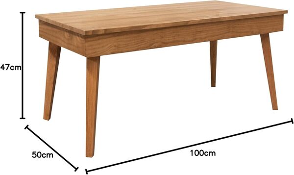 Table basse relevable avec tiroir modèle Karol de style vintage avec finition bois naturel massif de pin 100 x 50 x 47 cm