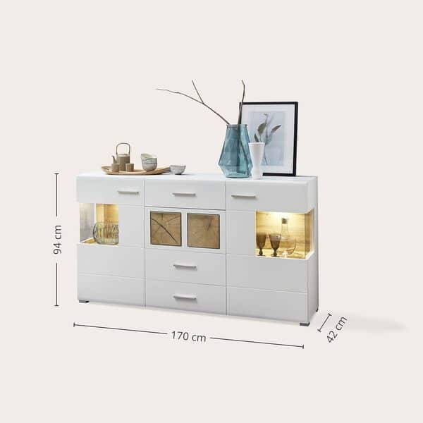 Stella Trading Fun Plus Buffet Blanc avec de Belles Applications en Bois de Cerveau, 170 x 94 x 42 cm