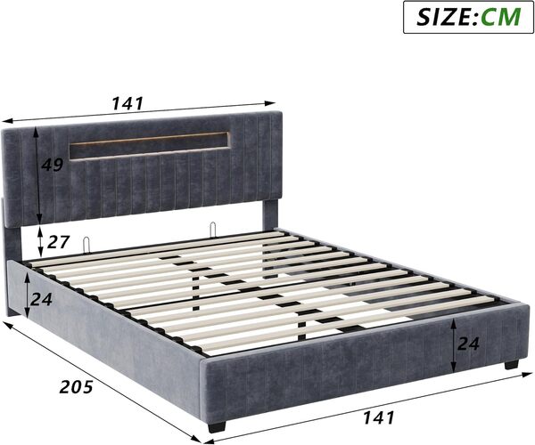 Lit 140x200 avec sommier, Lit 2 Personnes capitonné élégant avec Rangement Hydraulique, Tête de lit LED et sommier à Lattes, Enfant Fonctionnel en Velours Gris (Matelas Non Inclus)