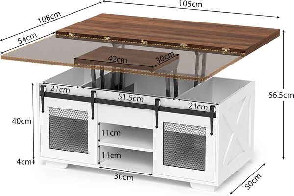 VOWNER Table Basse Relevable, Table de Salon Multifonctionnelle 3 en 1 avec Rangement Caché, Extensible, Convertibleen à Manger de Salon, Style Ferme, (Noyer)