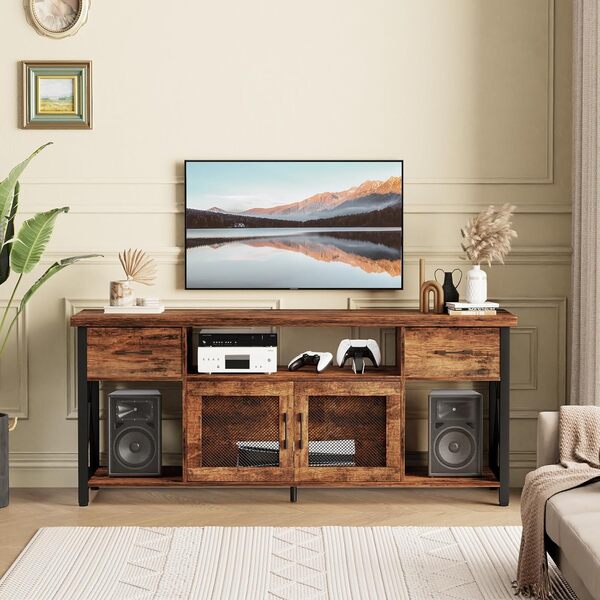Meuble TV, Meuble Tele de Style Industriel, Table TV 140 cm avec Deux Meubles, pour Téléviseurs 45/50/55 Pouces, Meuble télé en Bois pour Salon, Salle à Manger et Chambre