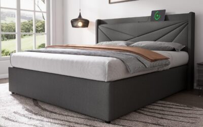 Test : lit moderne rembourré avec rangement et USB intégré, modèle Grey