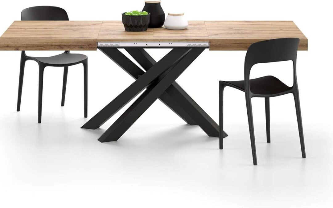 Test : table extensible Emma, bois rustique et pieds croisés noirs de Mobili Fiver