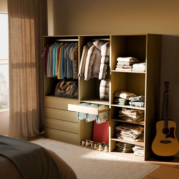 sweeek - Kit Dressing modulable avec 3 éléments. étagères. tiroirs. penderie. Porte Pantalons. Coloris Naturel 200 x 45 x 180 cm