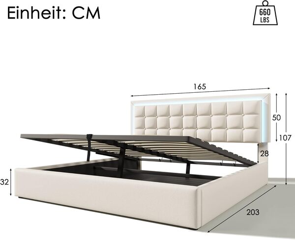 Bgsryao Sommier LED 160x200, Tête Rembourrée, Espace de Rangement, Lit Double