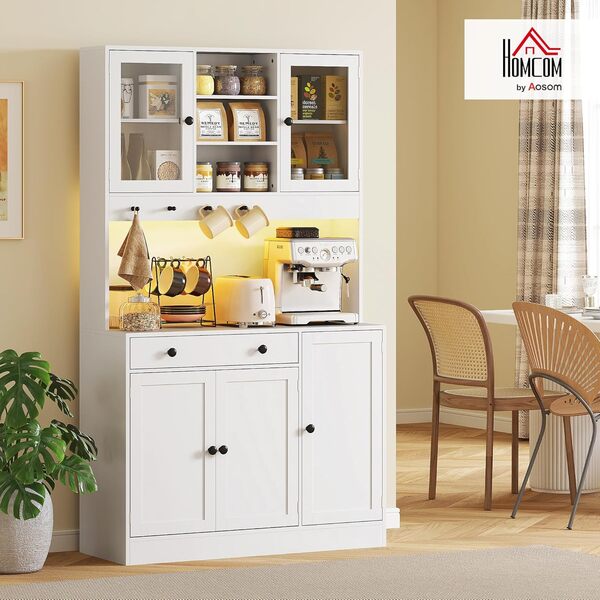 HOMCOM Armoire de Cuisine avec LED et multiprise, Buffet Cuisine Meuble de Rangement avec placards et tiroir, Portes vitrées, télécommande Inclus, pour Salle à Manger, Salon, 103x40x180cm, Blanc