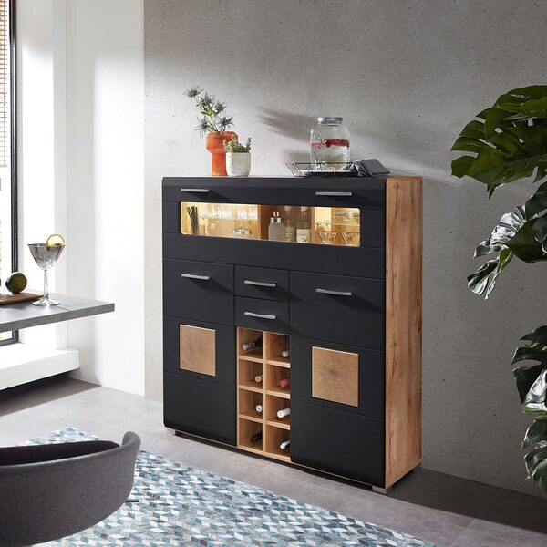 Stella Trading Sonate - Armoire de Bar - Aspect chêne Vieilli - Noir - Buffet Haut Moderne avec étagère à Bouteilles et éclairage LED - 120 x 128 x 37 cm (l x H x P)