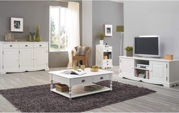 Générique Table Basse Blanche de Style Anglais 2 Tiroirs 1 Niche 70 x 100 x 38 cm