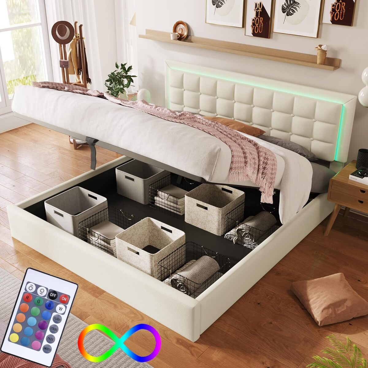 Lit Coffre 160x200 Avec Rangement LED USB - Tête De Lit Capitonnée Velours, Tiroirs Et Mécanisme Hydraulique