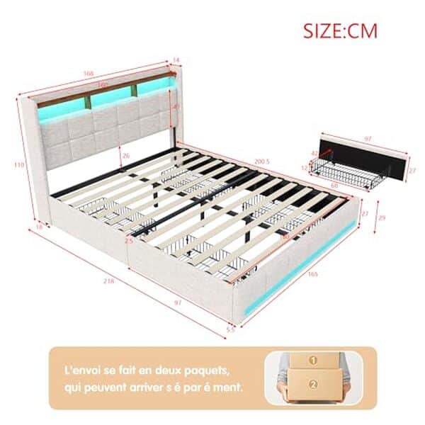 Explorez notre test complet du lit capitonné à LED avec tiroirs 160x200 : design moderne, confort et espace optimisé pour sublimer votre chambre