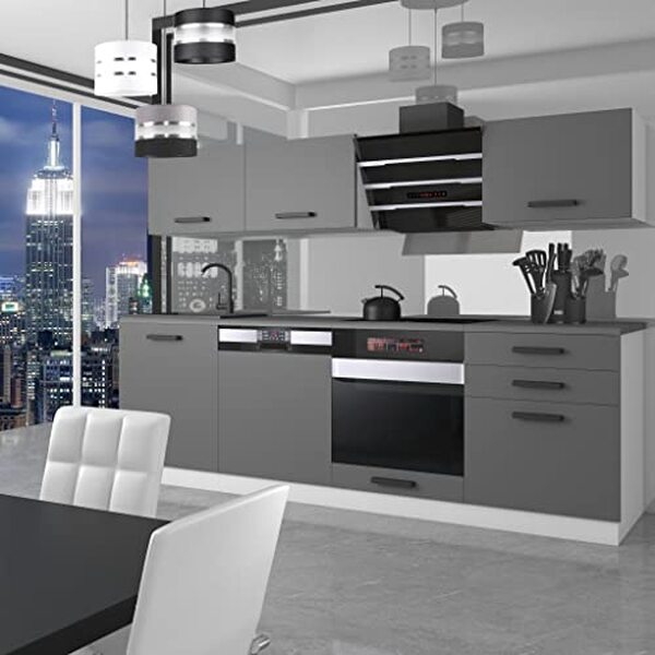 Découvrez la cuisine équipée Linda de Test Belini : un ensemble de meubles raffinés de 240 cm, finition argent mat, alliant élégance et praticité pour un aménagement moderne et optimisé de votre espace culinaire.