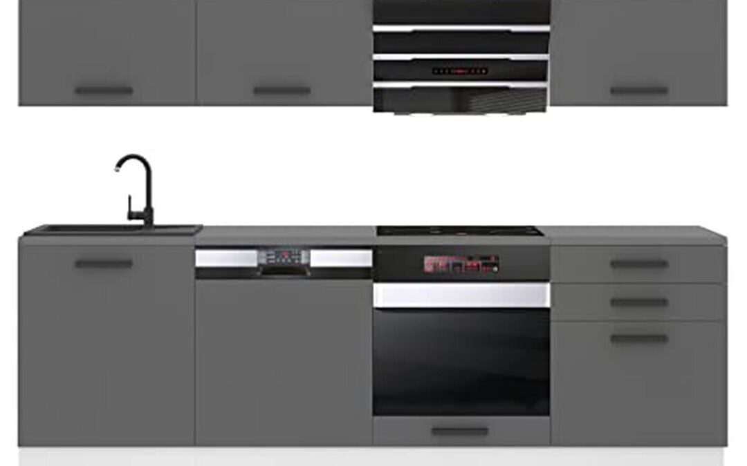 Test Belini cuisine équipée Linda : meubles de cuisine 240 cm, argent mat