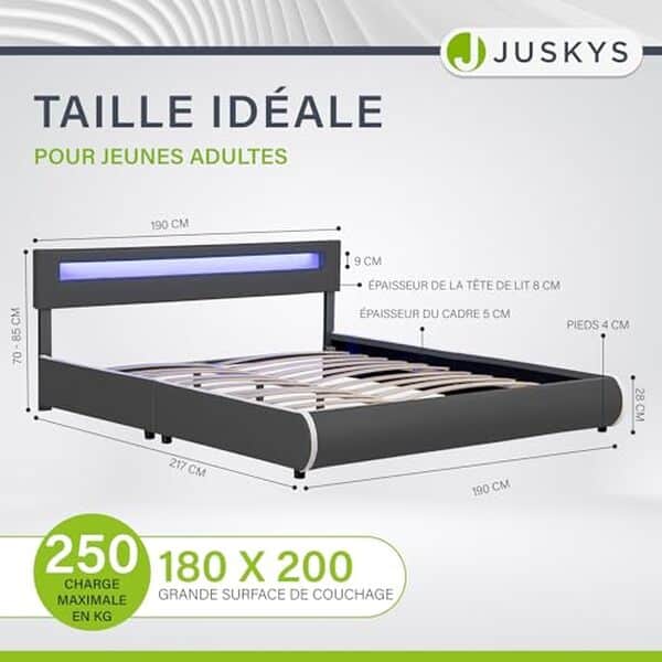 Découvrez notre test complet du lit rembourré Juskys Sevilla : confort, design LED moderne et sommier à lattes pour un sommeil optimal