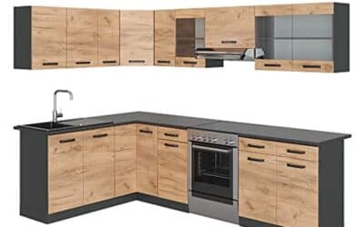 Test : cuisine angle Vicco Rick anthracite-chêne, motifs noirs